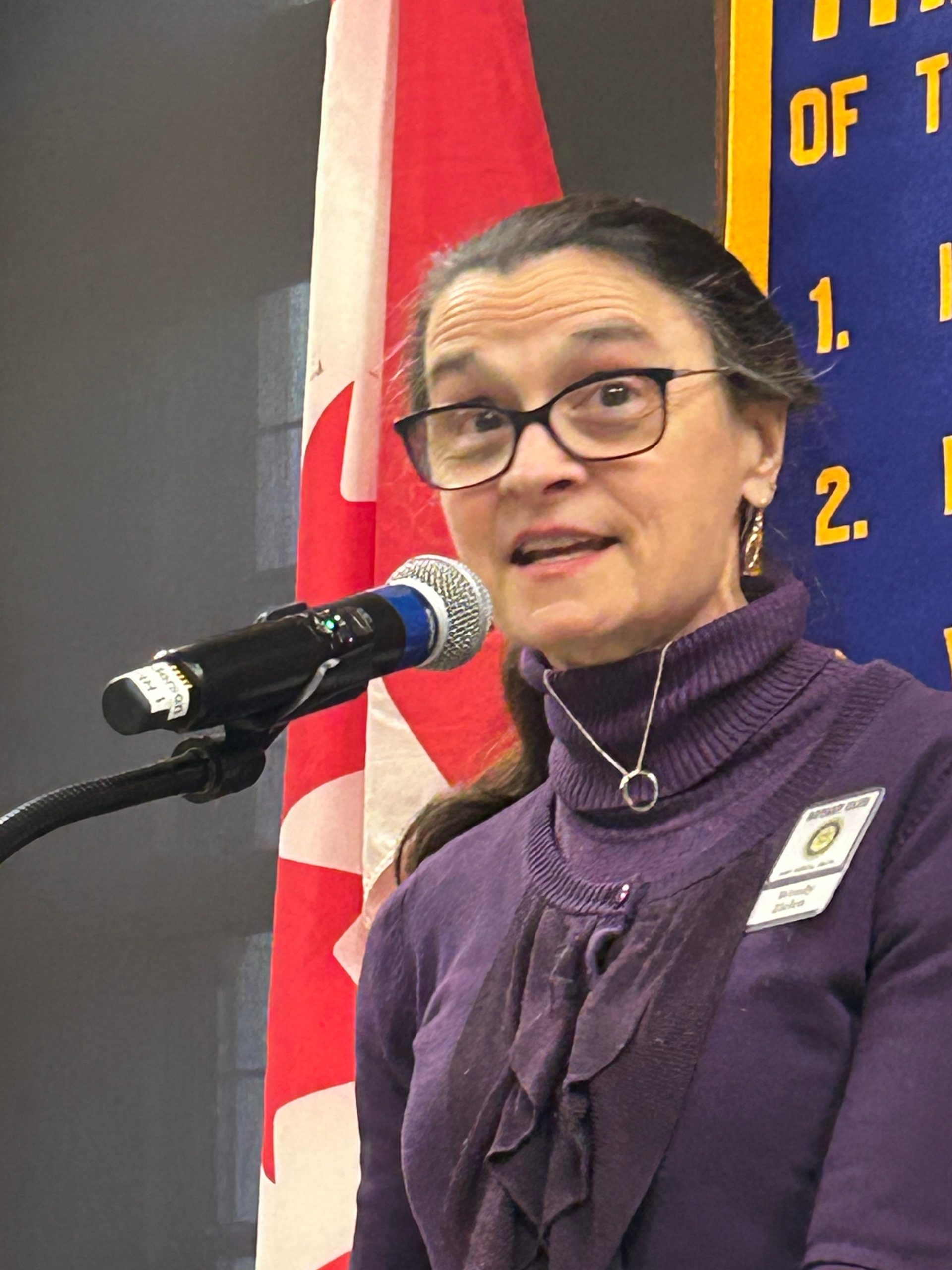 Woman speaking into microphone.